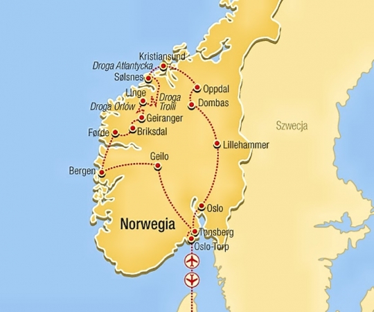 Zdjęcie z Norwegii - rankiem rozpoczynamy naszą norweską przygodę taką oto trasą jak wyżej