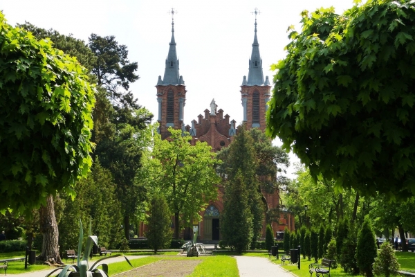 Zdjęcie z Polski - puste Dywany Kwiatowe i kościół Św.Apostołów Piotra i Pawła w tle