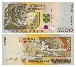 Banknot o nominale 5000 leków - awers i rewers