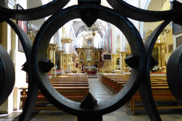 Zdjęcie z Polski - spojrzenie przez kratę zamocowaną w wejściu romańskiego portala